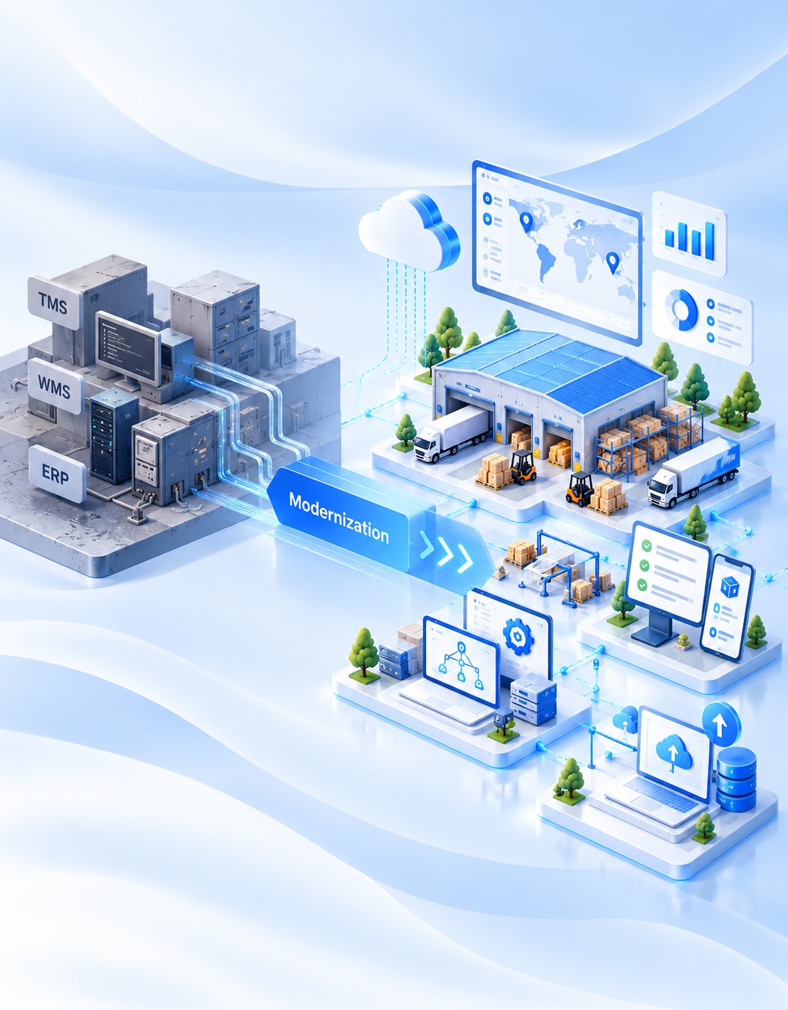 Legacy logistics modernization connecting TMS, WMS, ERP, warehouse operations, cloud platforms, analytics and digital workflows