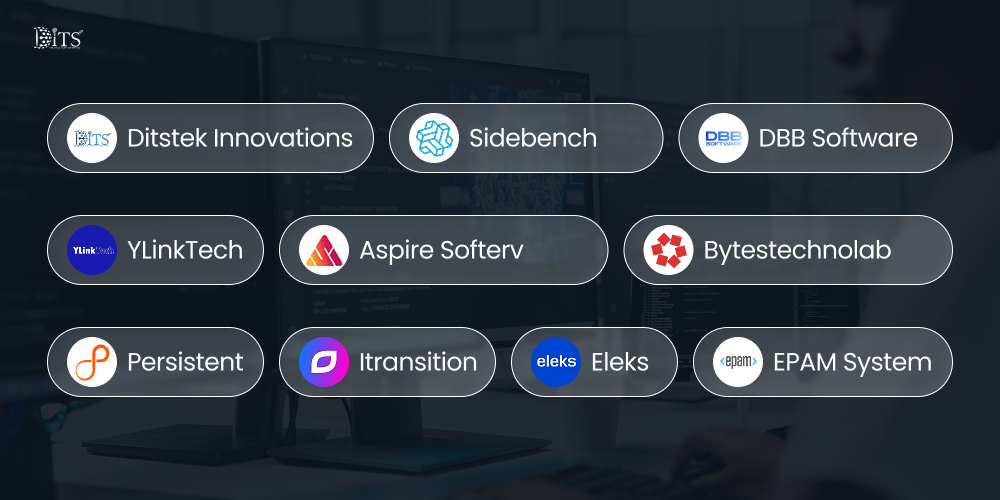 Top 10 Product Engineering companies: Ditstek Innovations, Sidebench, DBB Software, YlinkTech, Aspire Softserve, Bytes Technolab, Persistent Systems, ELEKS, iTransition, EPAM Systems